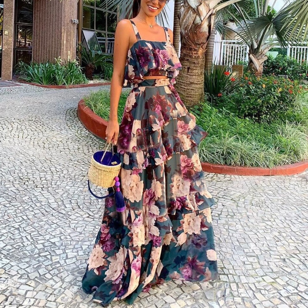 Boho Floral Print Crop Top ruffle Maxi skirt Set - Picture 1 of 6